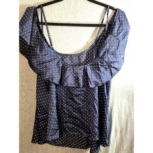 Vtg Victorias Secret Polka Dot Satiny Cold Shoulder Top Plus‎ Size XL Blue White